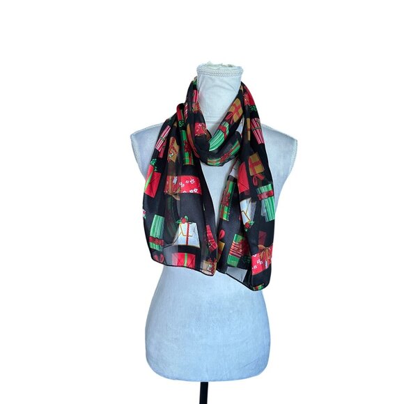 Holiday Gift Box Print Infinity Scarf 60"x13" Lightweight Sheer Satin Shawl - Picture 1 of 10